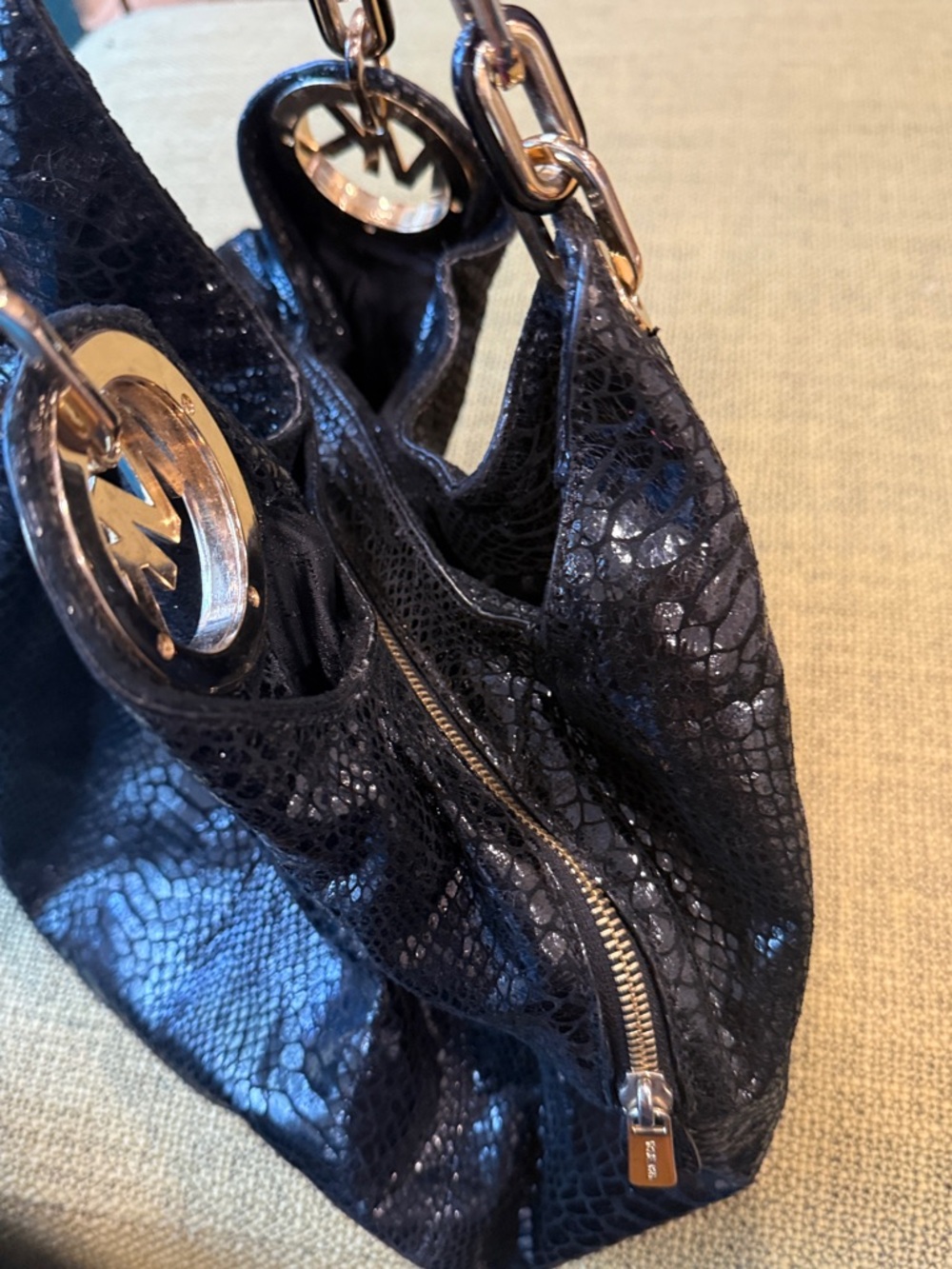 *Michael Kors Black Glossy Shimmery Snakeskin-Texture Shoulder Bag - Picture 10 of 11